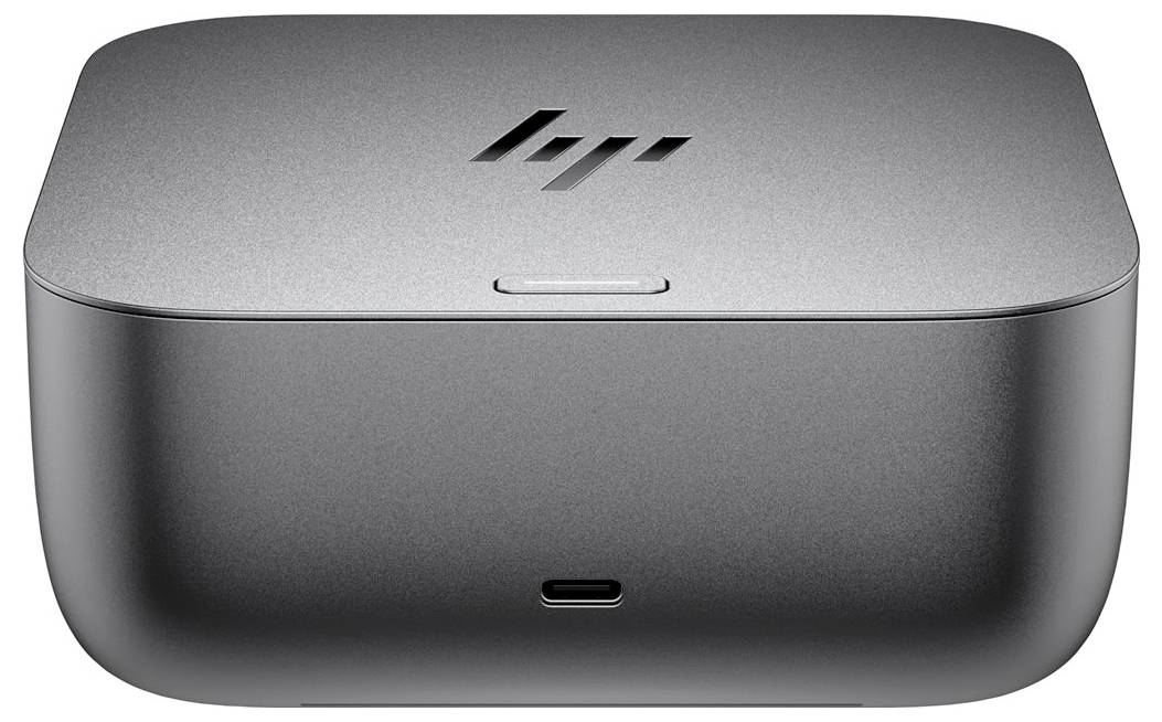 Ein schlankes, graues elektronisches Gerät mit minimalistischem Design und einem Logo auf der Oberseite. Die Vorderseite weist einen kleinen Knopf und einen Anschluss auf.