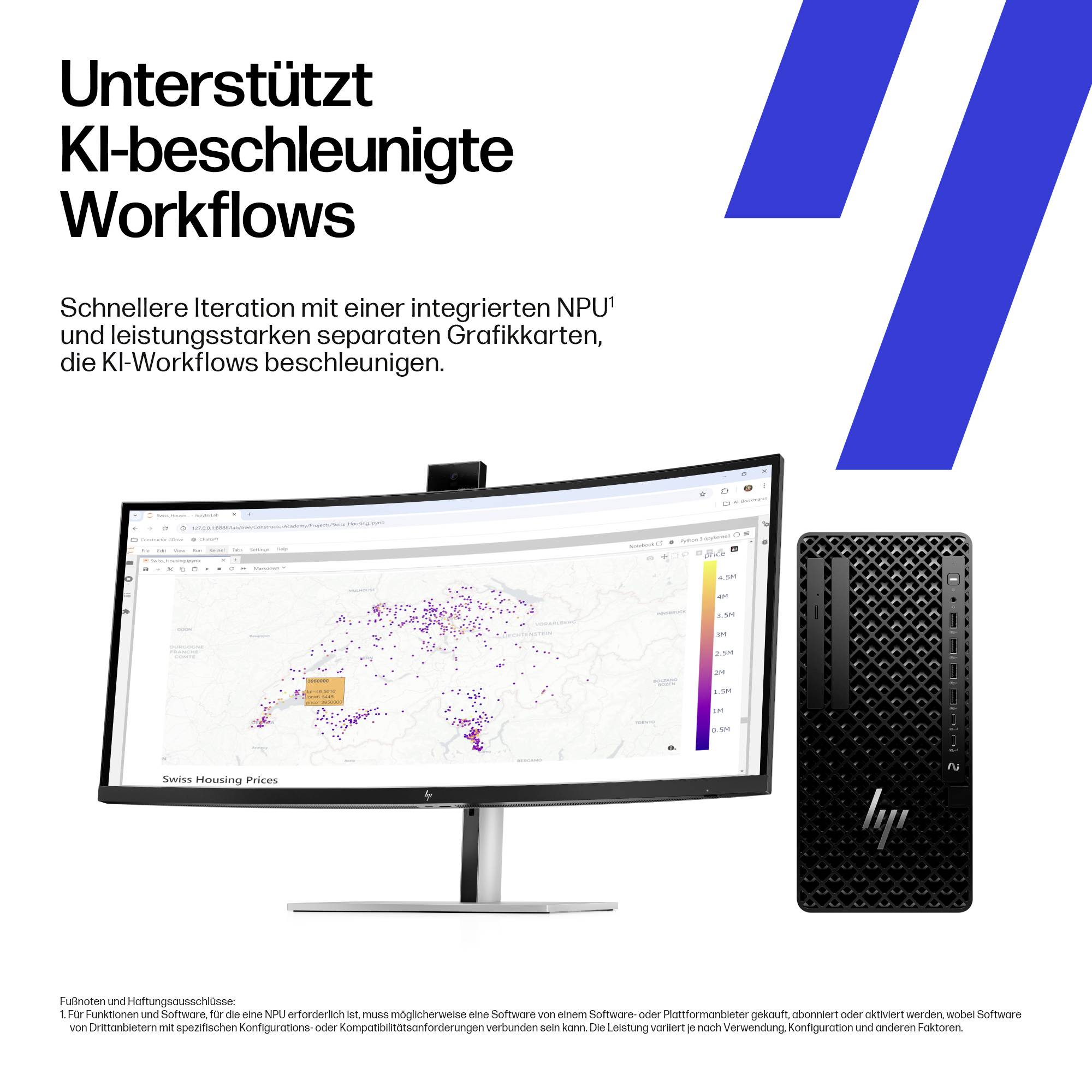 Monitor zeigt ein Diagramm mit dem Titel "Schweizer Grenzübergänge" neben einem Desktop-PC. Text darüber: "Unterstützt KI-beschleunigte Workflows".