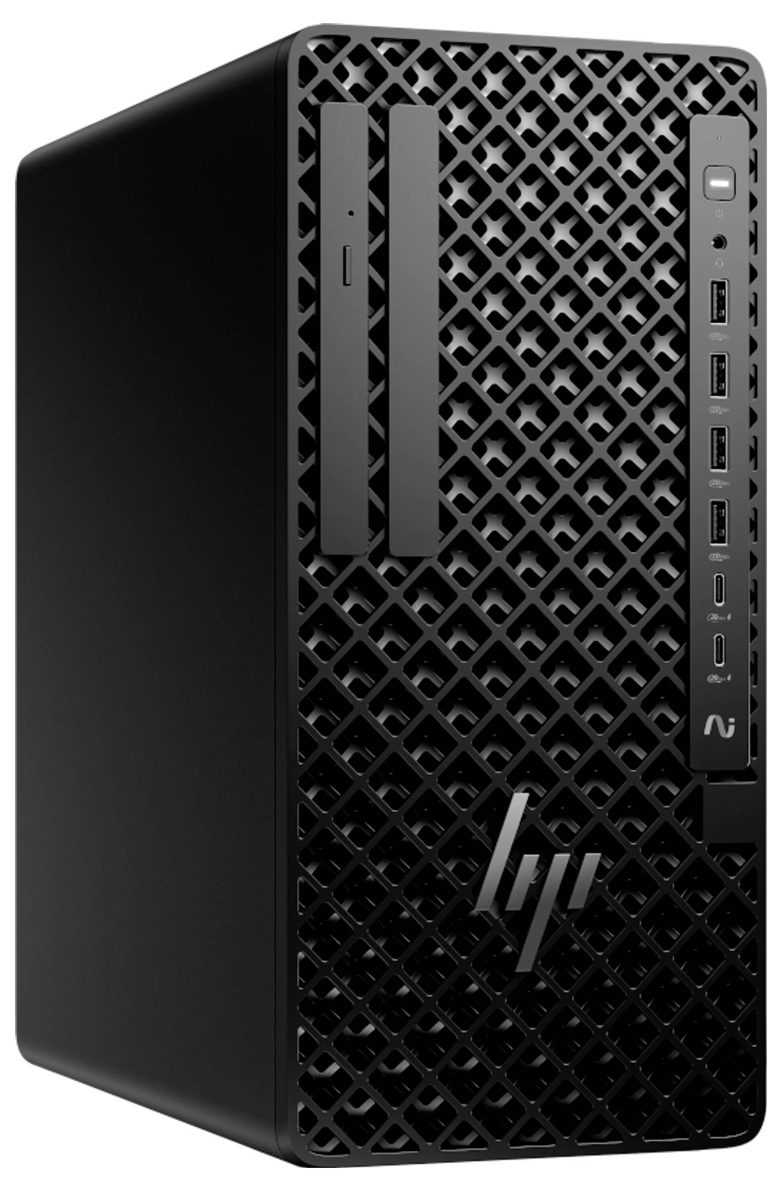 Ein schwarzer Desktop-Computerturm mit geometrischem Frontdesign, ausgestattet mit USB-Anschlüssen, einem optischen Laufwerk und dem Logo des Herstellers.