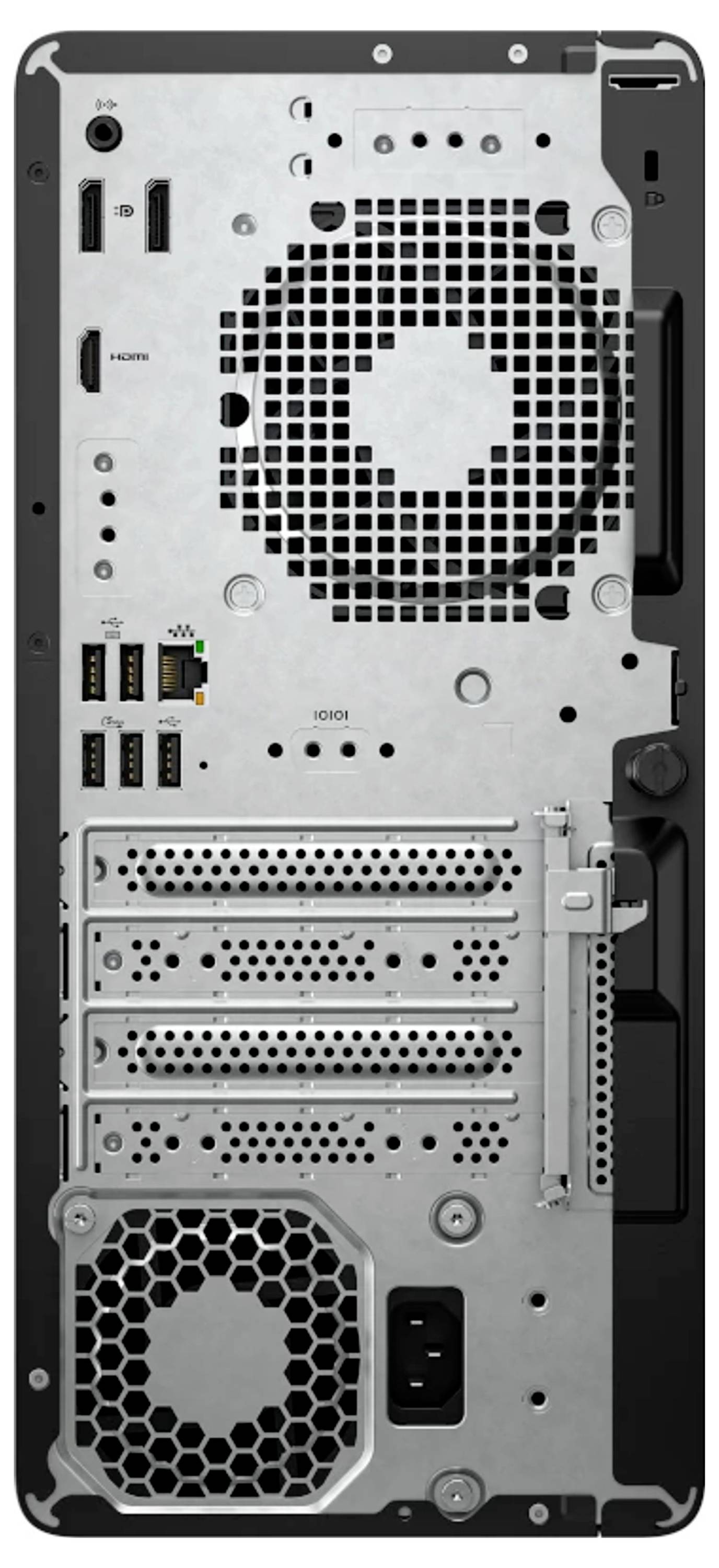 Rückansicht eines Computertowers mit Anschlüssen, Kühlventilator und Erweiterungssteckplätzen, bereit für Komponentenverbindungen und Upgrades.