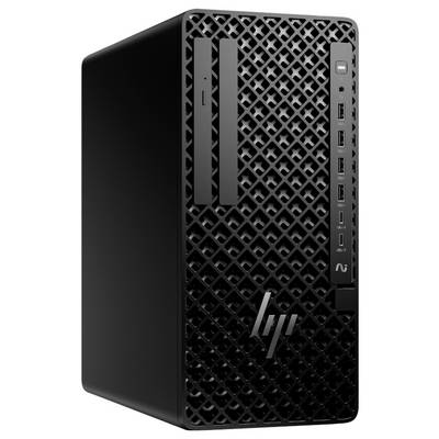 Ein schwarzer Desktop-Computerturm mit einer gemusterten Frontplatte, mehreren USB-Anschlüssen, Einschaltknopf und CD/DVD-Laufwerk an der Vorderseite.