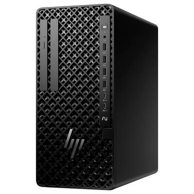 Ein schwarzer HP-Desktop-Computerturm mit gemusterter Frontplatte, mehreren USB-Anschlüssen und Einschaltknopf an der Seite.