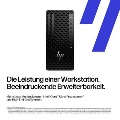 Eine Computerarbeitsstation verfügt über ein schlankes schwarzes Design mit einem vertikalen Gittermuster. Der Text auf Deutsch bewirbt hohe Leistung und Multitasking.
