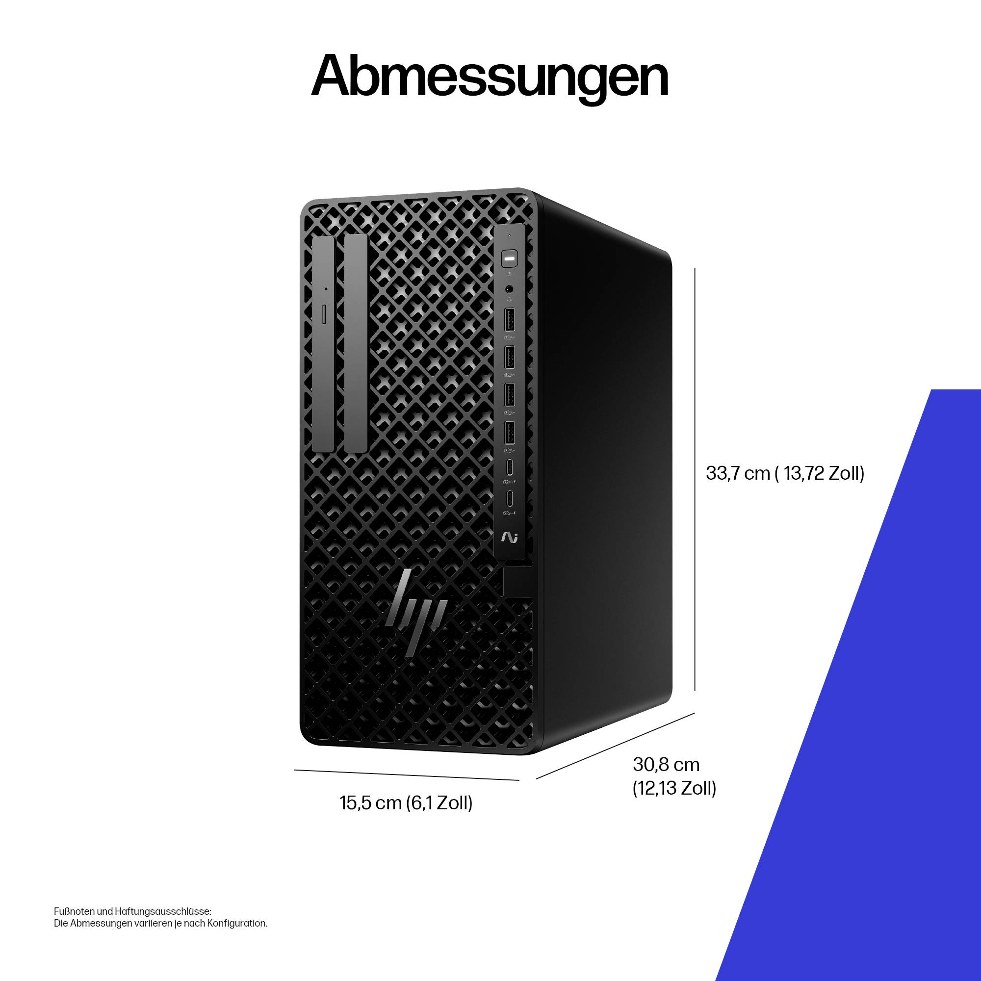 Beschrifteter Computer-Tower 'Abmessungen' mit Maßen: Höhe 33,7 cm (13,27 Zoll), Breite 15,5 cm (6,1 Zoll), Tiefe 30,8 cm (12,13 Zoll).