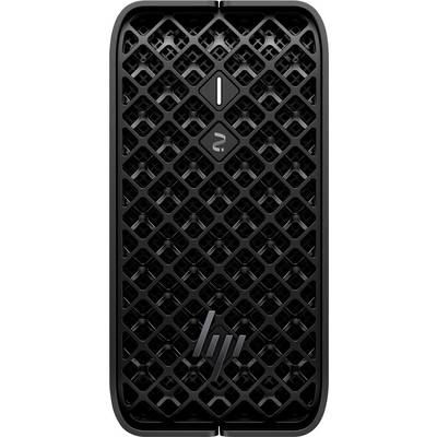 Ein schwarzer HP-Desktop-Computer mit einer Frontseite im Rautenmuster, versehen mit einem Powerknopf und Logo auf dem Gehäuse.