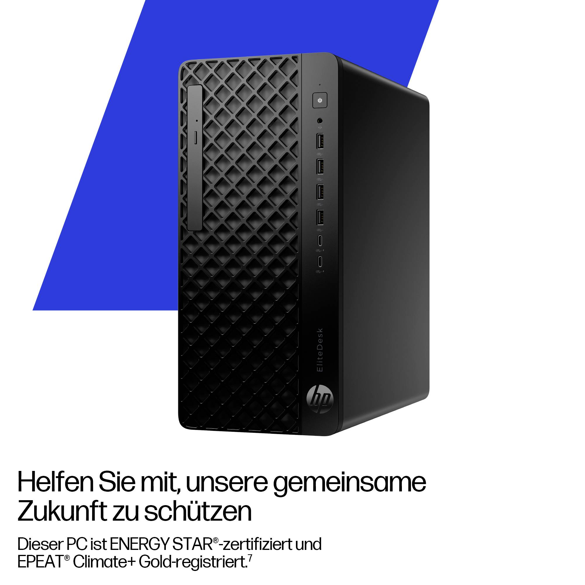 Ein schlanker schwarzer Desktop-Computer vor einem blau-weißen Hintergrund. Der Text in deutscher Sprache hebt seine energieeffizienten Zertifizierungen hervor.