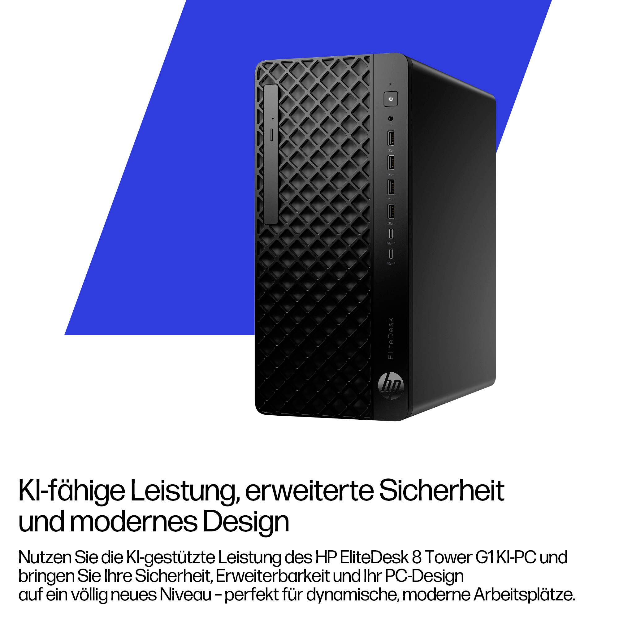 Ein schlanker schwarzer HP-Desktop-Computer mit dem Text 'KI-fähige Leistung, erweiterte Sicherheit und modernes Design' darunter.
