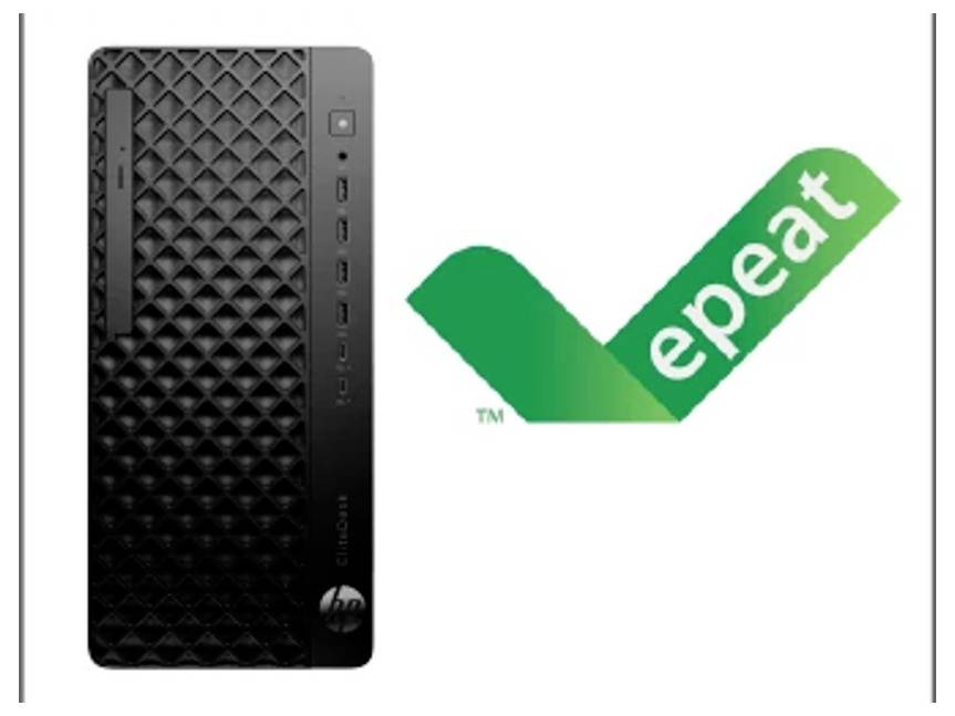 Ein Desktop-Computerturm mit strukturierter Vorderseite wird neben einem grünen Häkchen mit dem Wort "EPEAT" gezeigt, was Umweltfreundlichkeit signalisiert.