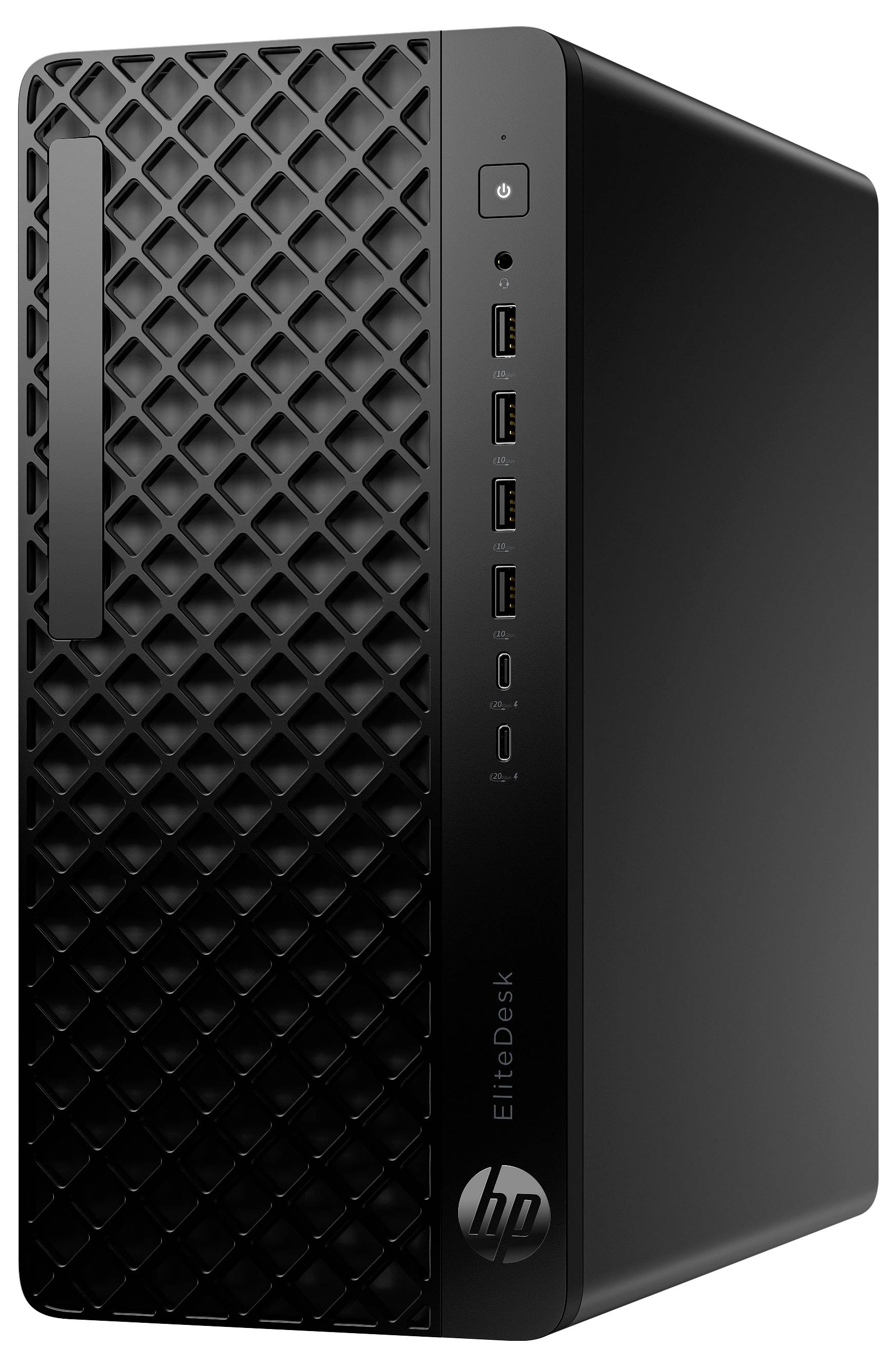 Ein schwarzer Desktop-Computerturm mit einer strukturierten Frontplatte, der mehrere USB-Anschlüsse und ein HP-Logo nahe dem unteren Rand aufweist.