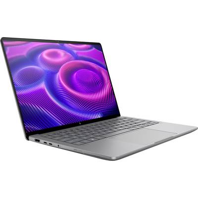 Ein silberner Laptop mit einem lebhaften rosa-lila wirbelnden Muster auf dem Bildschirm, der in einem Winkel platziert ist, der Tastatur und Touchpad zeigt.