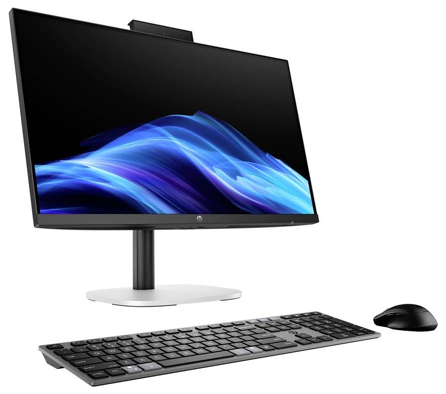 Eine elegante Desktop-Computer-Konfiguration mit einem modernen Monitor, der blaue Wellen zeigt, begleitet von einer schwarzen Tastatur und Maus.