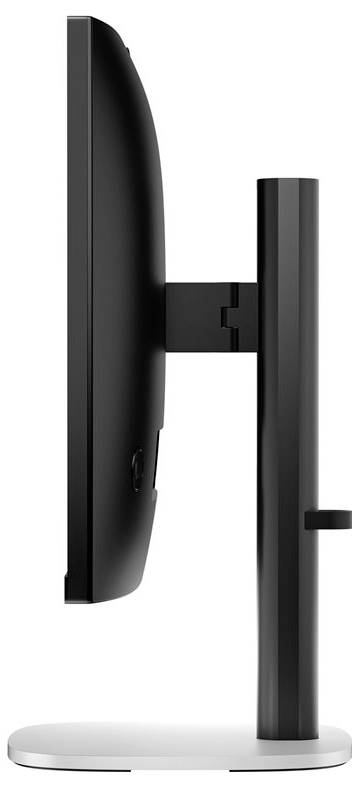 Seitenansicht eines schwarzen Computermonitors auf einem schlanken, verstellbaren Ständer.