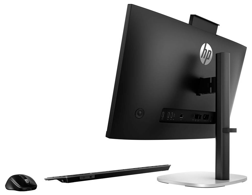Eine Rückansicht eines All-in-One-Computers mit HP-Logo, die Anschlüsse und einen neigbaren Ständer zeigt, begleitet von einer drahtlosen Maus.