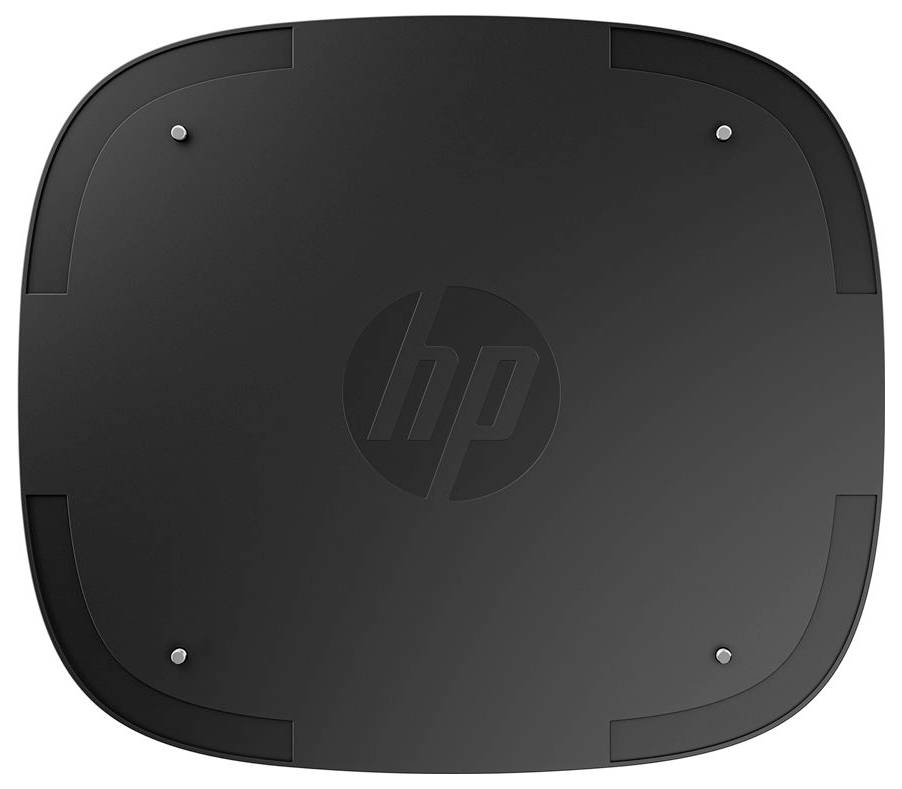 Ein schwarzes, ovales Gerät mit glatter Oberfläche, auf dem mittig das 'hp' Logo angebracht ist und vier kleine Schrauben in den Ecken sitzen.