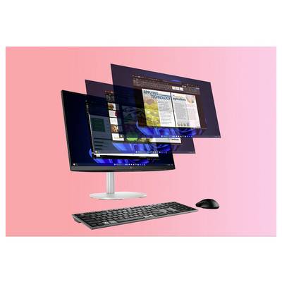 Ein Desktop-Computer mit Tastatur und Maus zeigt mehrere überlappende virtuelle Fenster auf einem rosa Verlaufshintergrund.