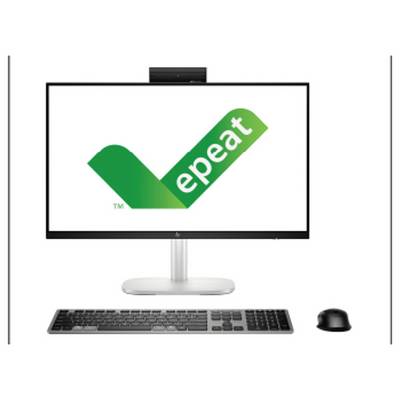 Eine Desktop-Einrichtung mit einem Monitor, der ein grünes Häkchen und die Bezeichnung "epeat" zeigt, was eine Umweltzertifizierung anzeigt; inklusive Tastatur und Maus.