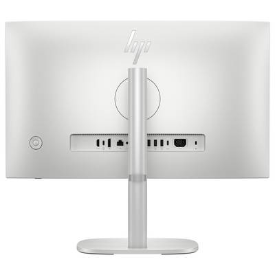 Das Bild zeigt die Rückansicht eines weißen Computermonitors mit einem Ständer. Verschiedene Anschlüsse, einschließlich USB und HDMI, sind sichtbar.