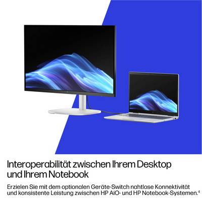 Ein Desktop-Monitor und ein Laptop, die ähnliche abstrakte blaue Wellengrafiken zeigen und nahtlose Konnektivität zwischen Geräten veranschaulichen.