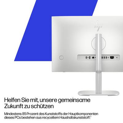Ein silberner HP-Computermonitor auf einem Ständer vor einem blauen geometrischen Hintergrund. Der deutsche Text betont die Nachhaltigkeit der Produktmaterialien.