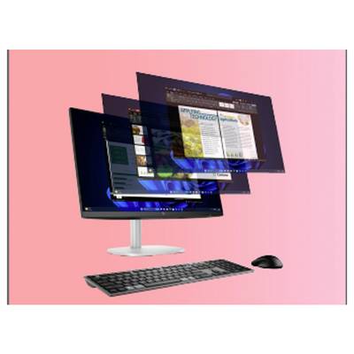 Ein Computermonitor zeigt mehrere überlappende Softwarefenster, mit einer Tastatur und Maus davor, vor einem rosa Verlaufshintergrund.