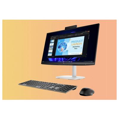 Ein Computermonitor zeigt eine Marketingpräsentation mit dem Titel "Produkteinführung". Eine Tastatur und eine Maus befinden sich davor auf einem Verlaufshintergrund.