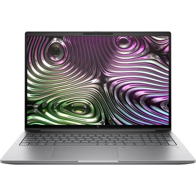 Ein grauer Laptop mit einem bunten, abstrakten 3D-Wellenmuster auf dem Bildschirm, das Grün-, Pink- und Violetttöne enthält.