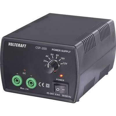 Eine schwarze Voltcraft CSP-200 Stromversorgung mit einstellbarem Spannungsregler, zwei grünen Ausgangsklemmen und gekennzeichneten Bedienelementen auf der Frontplatte.
