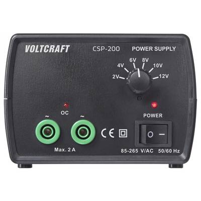 Voltcraft CSP-200 Stromversorgung mit einstellbarem Spannungsregler (2V-12V), zwei Ausgangsanschlüssen, Stromschalter und LED-Anzeigen.