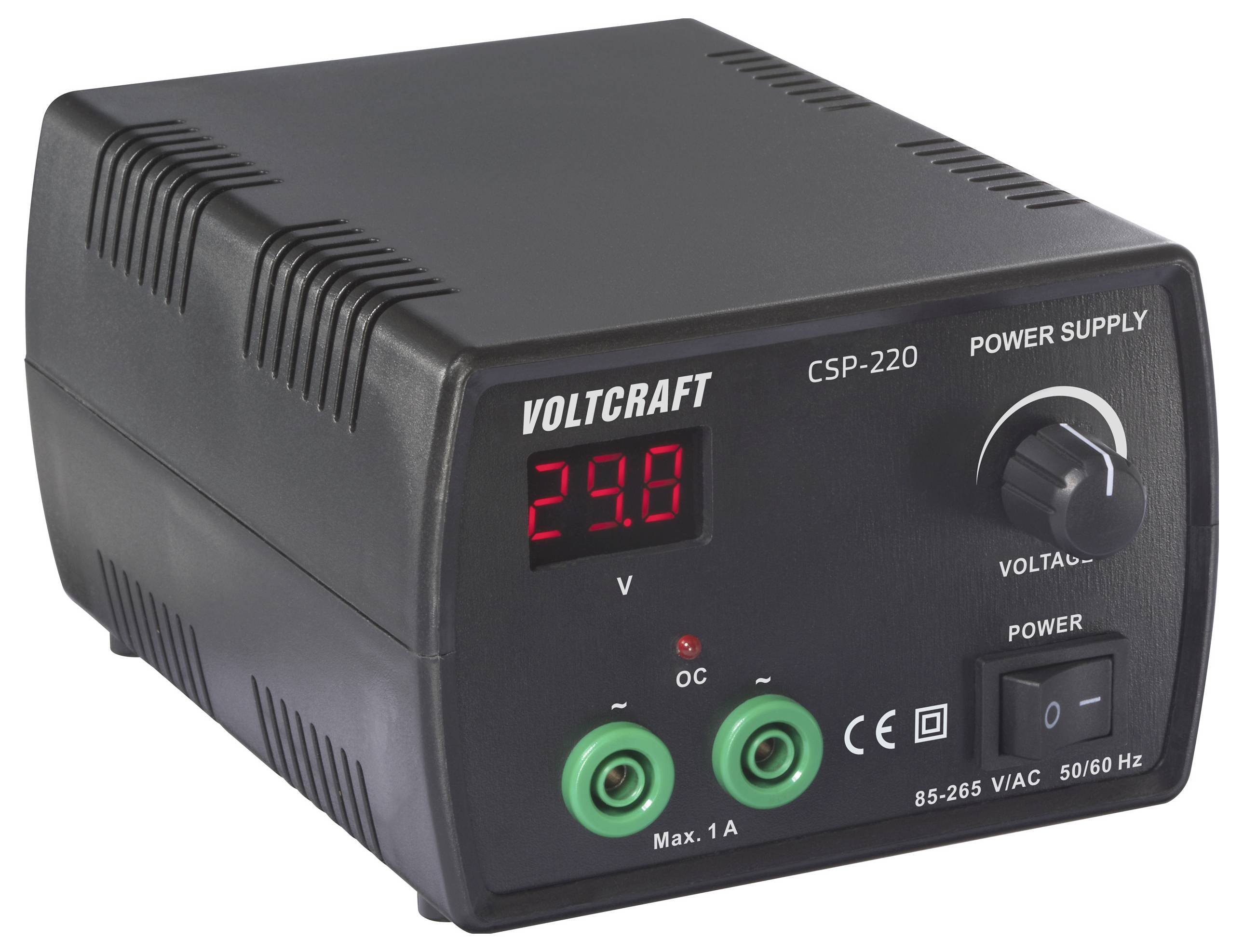 Ein schwarzes Voltcraft CSP-220 Netzteil mit digitaler Anzeige, die „29,8 V" anzeigt. Es verfügt über einen Spannungsregelknopf und doppelte Anschlüsse.