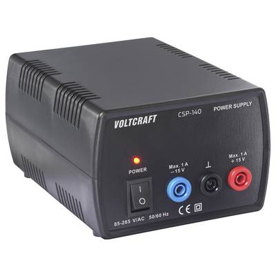 Ein schwarzes Volcraft CSP-140 Netzteil mit gekennzeichneten Ausgängen und Eingangsspezifikationen, mit rotem Anzeigelicht und verschiedenen Anschlüssen.