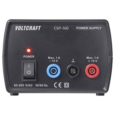 Frontplatte des Voltcraft CSP-140 Netzteils mit Ein-/Ausschalter, 85-265V/AC, 50/60Hz Eingang und +/-15V, Max. 1A Ausgangsklemmen.