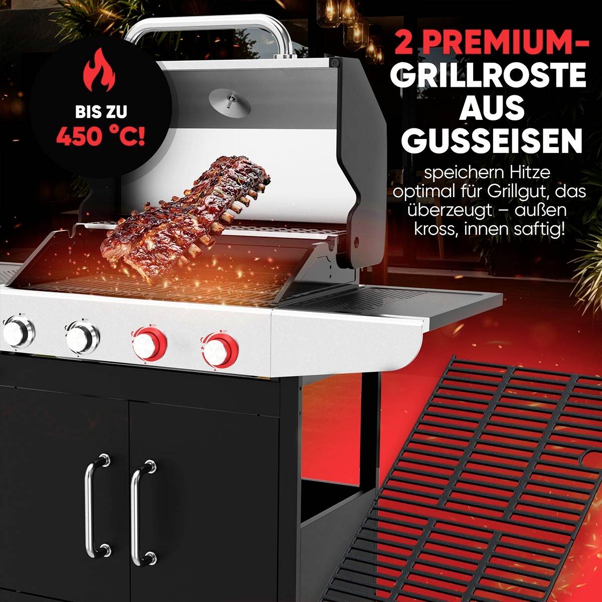 Profi Cook PC-GG 1311 Gas Gas-Grill 4 Brenner, Thermometer im Deckel Schwarz, Edelstahl-1