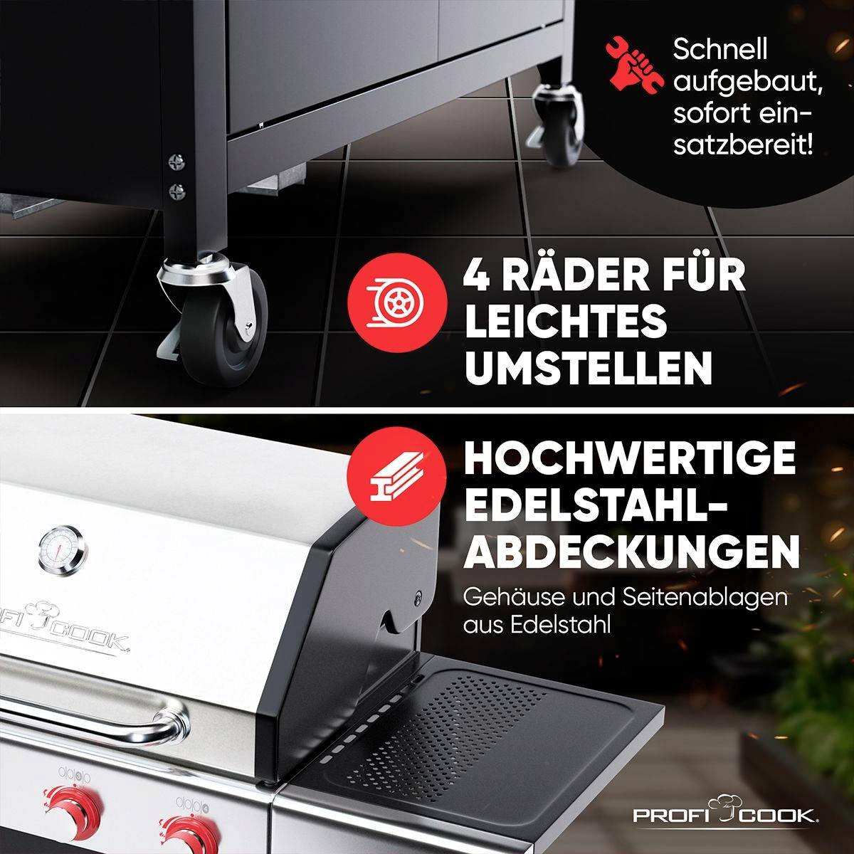 Profi Cook PC-GG 1311 Gas Gas-Grill 4 Brenner, Thermometer im Deckel Schwarz, Edelstahl-5