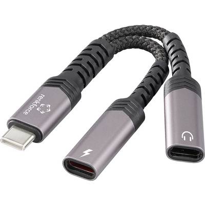 Ein USB-C-Splitter mit einem USB-C-Anschluss und einem Kopfhörerbuchse, der darauf ausgelegt ist, Audio und Laden gleichzeitig zu ermöglichen.