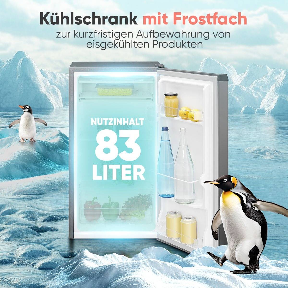 Ein offener Kühlschrank mit Getränken und Lebensmitteln auf Eis, der einen 'Nutzinhalt von 83 Litern' präsentiert. Text auf Deutsch hebt die Gefrierschrankfunktion hervor.