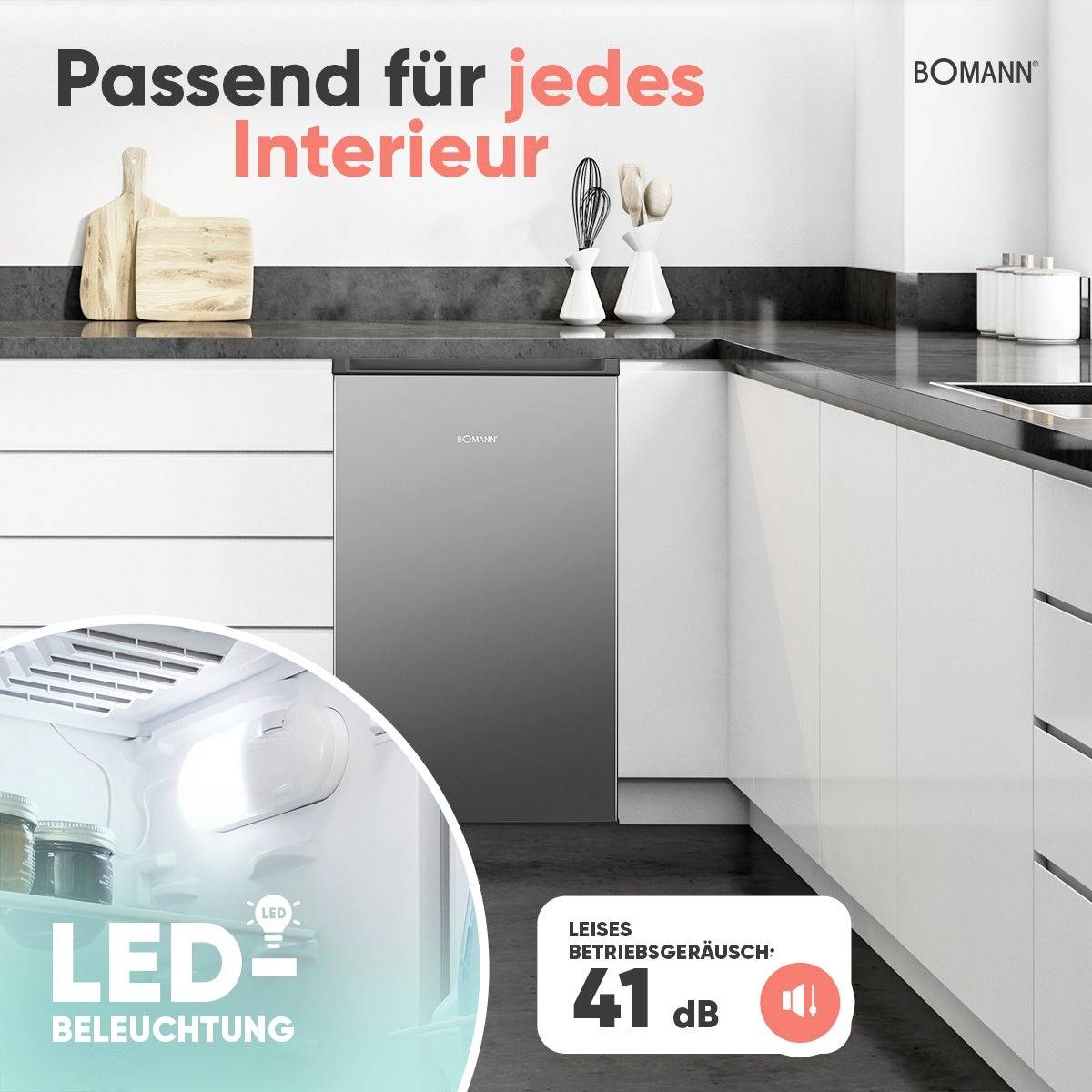 Eine moderne Küche mit schwarzen Arbeitsplatten, weißen Schränken und einem silbernen Kühlschrank. Der Text hebt die LED-Beleuchtung und den Geräuschpegel von 41 dB hervor.
