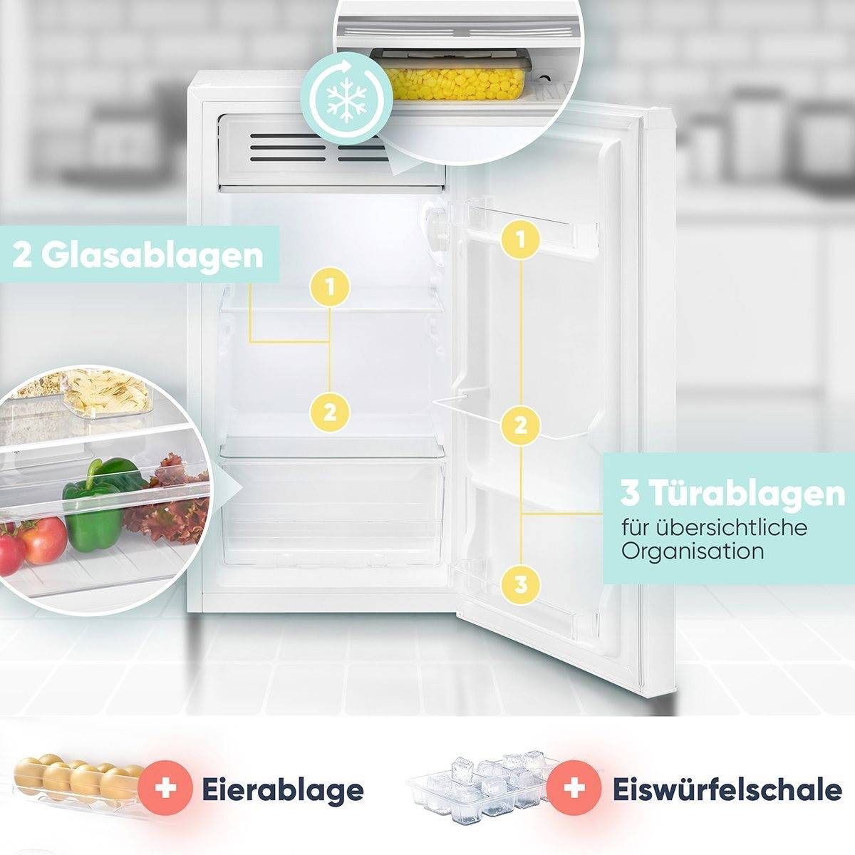 Eine offene Kühlschranktür mit '2 Glasablagen', '3 Türablagen' mit Lebensmitteln darin sowie 'Eierablage' und 'Eiswürfelschale' darunter.
