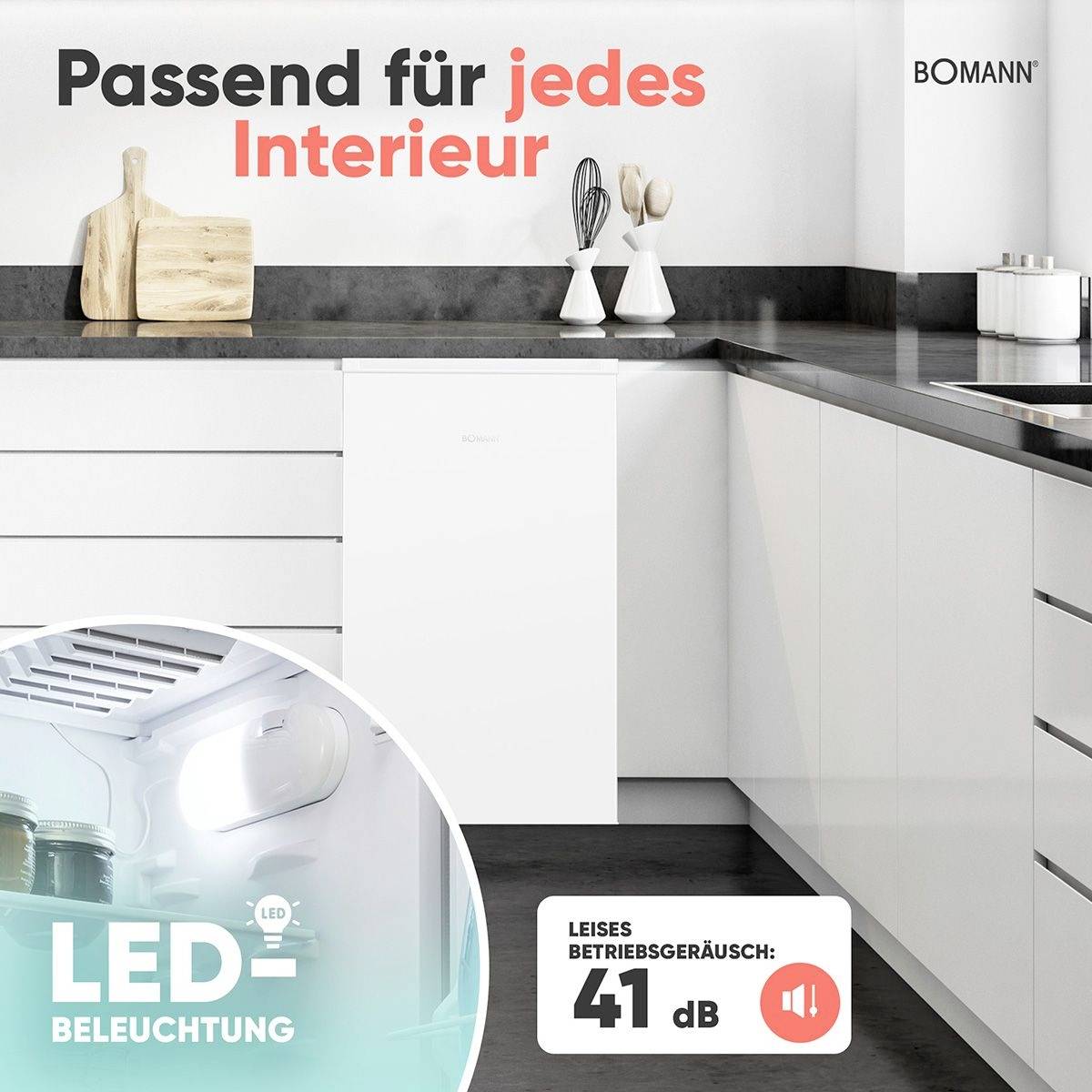 Passend für jedes Interieur. Moderne weiße Küche mit minimalistischem Design mit einem Bomann-Kühlschrank, LED-Beleuchtung und 41 dB Geräuschpegel.