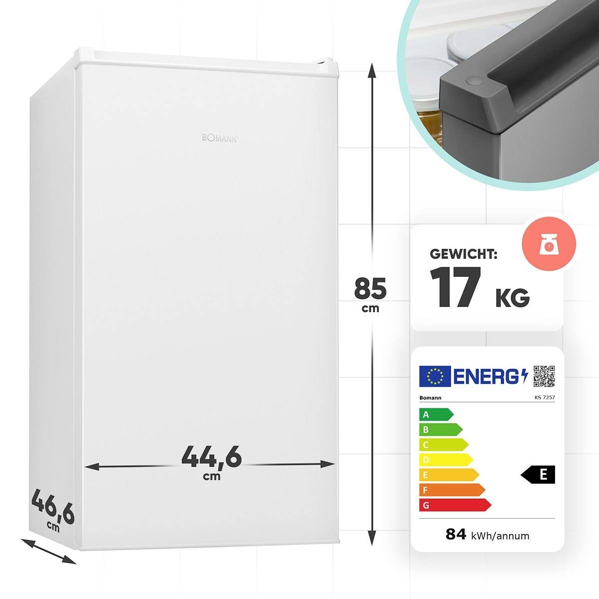 Ein weißer Kühlschrank mit einer Höhe von 85 cm, einer Breite von 44,6 cm und einer Tiefe von 46,6 cm. Energieeffizienzklasse E, Verbrauch 84 kWh/Jahr, Gewicht 17 kg.