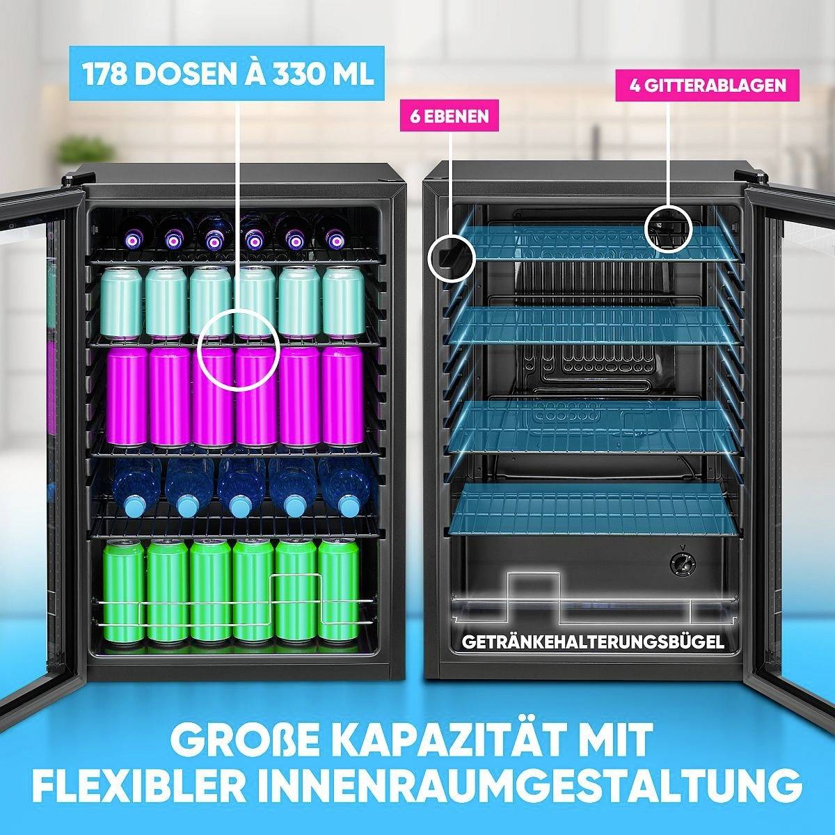 Ein offener Getränkekühlschrank, der links '178 Dosen à 330 ml' präsentiert, mit bunten Dosen und sechs Regalen auf der rechten Seite. Der Text hebt die 'Große Kapazität mit flexibler Innenraumgestaltung' hervor.