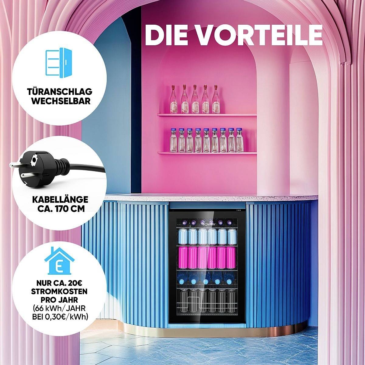 Eine Bar mit rosa und blauer Einrichtung präsentiert Flaschen auf Regalen. Der Text hebt Vorteile hervor: „Tür kann ausgetauscht werden", „Kabel ca. 170 cm", und „Ca. 20EUR Stromkosten/Jahr bei 0,30EUR/kWh".