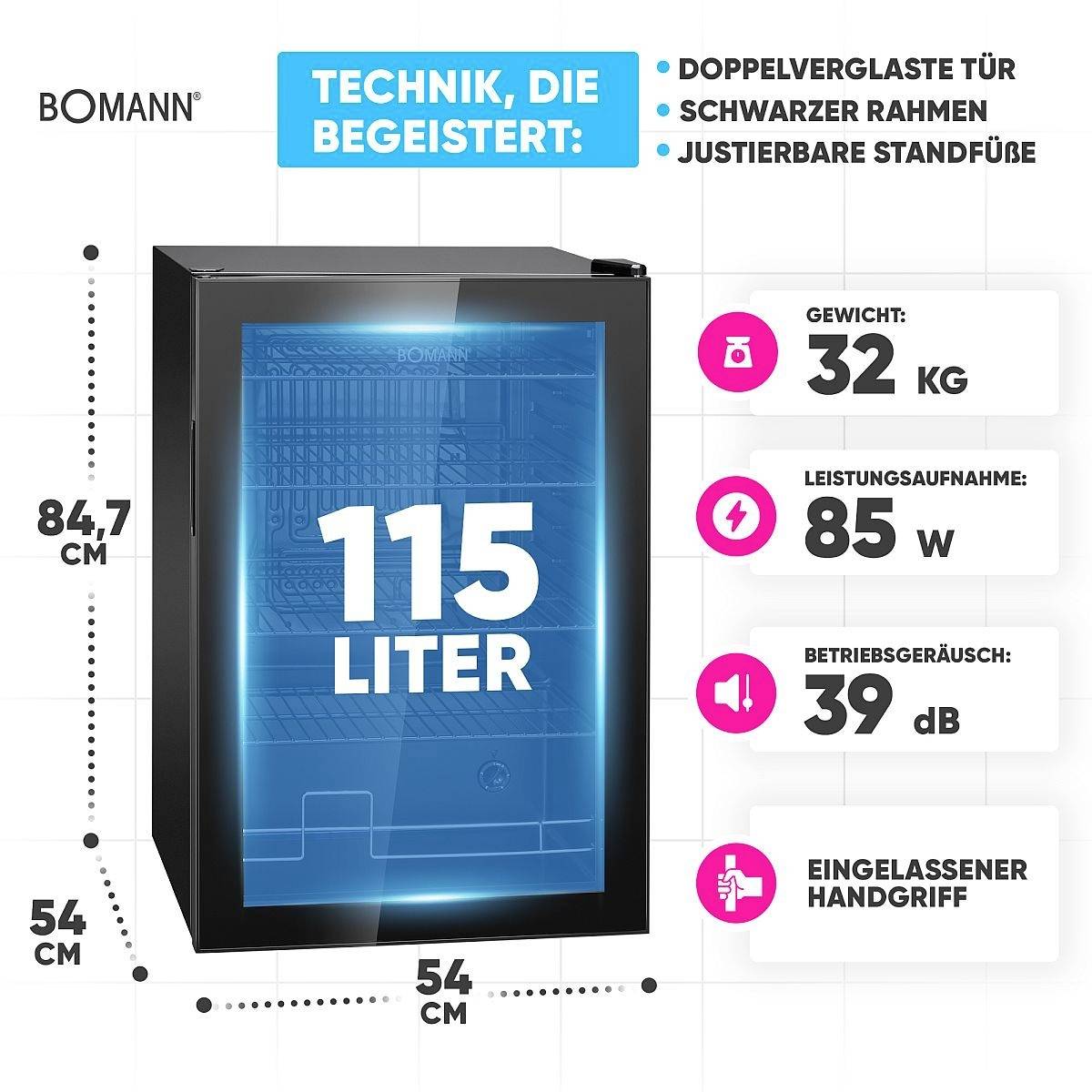 Das Bild zeigt einen Bomann Kühlschrank mit folgenden Spezifikationen: 115 Liter Fassungsvermögen, Gewicht 32 kg, Leistung 85 W, Geräuschpegel 39 dB, schwarzer Rahmen.