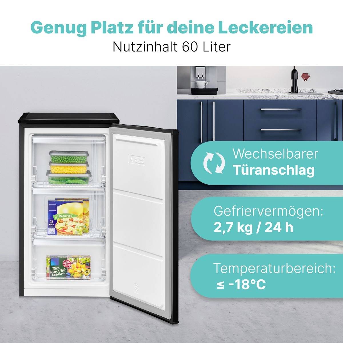 Ein offener Mini-Kühlschrank mit verschiedenen Lebensmitteln im Inneren, der eine Kapazität von 60 Litern aufweist. Der Text gibt an, dass er 2,7 kg/24h verbraucht und bei -18°C bleibt.