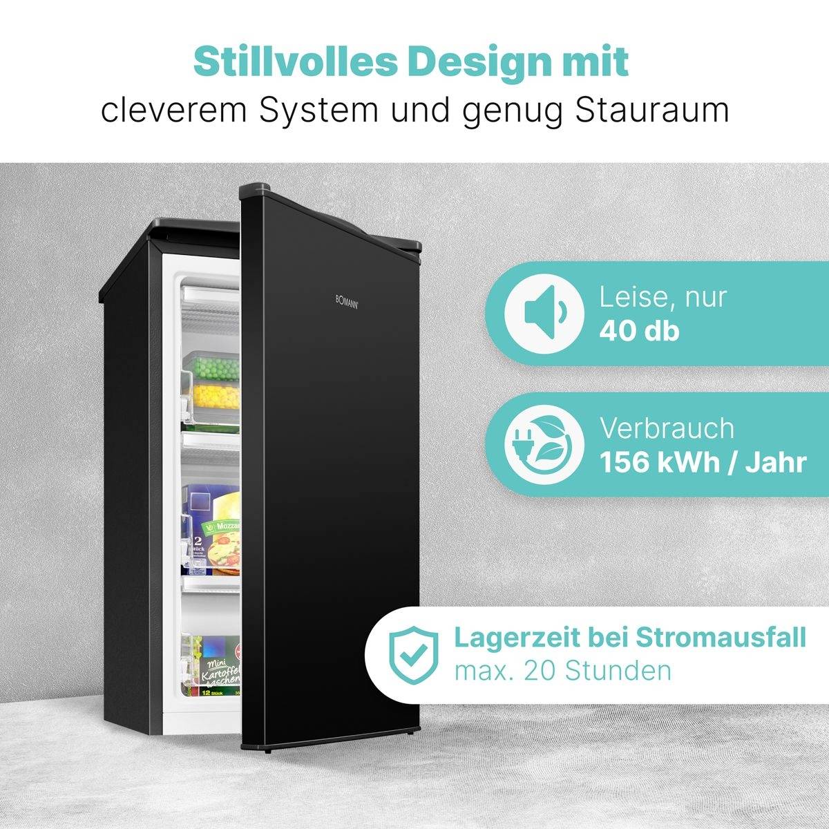 Ein teilweise geöffneter schwarzer Kühlschrank ist zu sehen. Der Text zeigt: „Geräuschpegel: 40 dB", „Verbrauch: 156 kWh/Jahr" und „Lagerdauer ohne Stromversorgung".