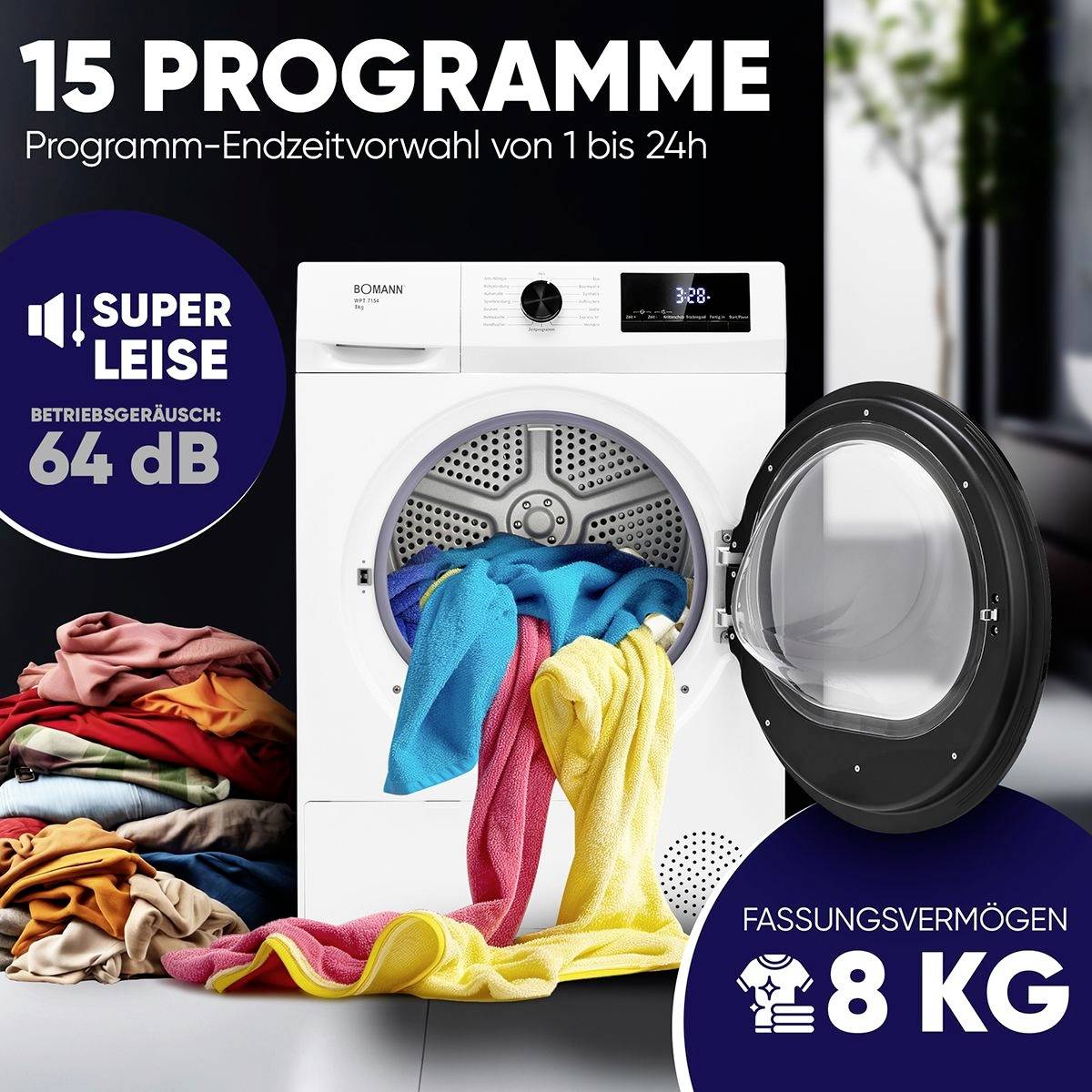 Waschmaschine mit offener Tür, in der bunte Wäsche zu sehen ist. Text hebt 15 Programme, 64 dB Geräuschpegel und 8 kg Kapazität hervor.