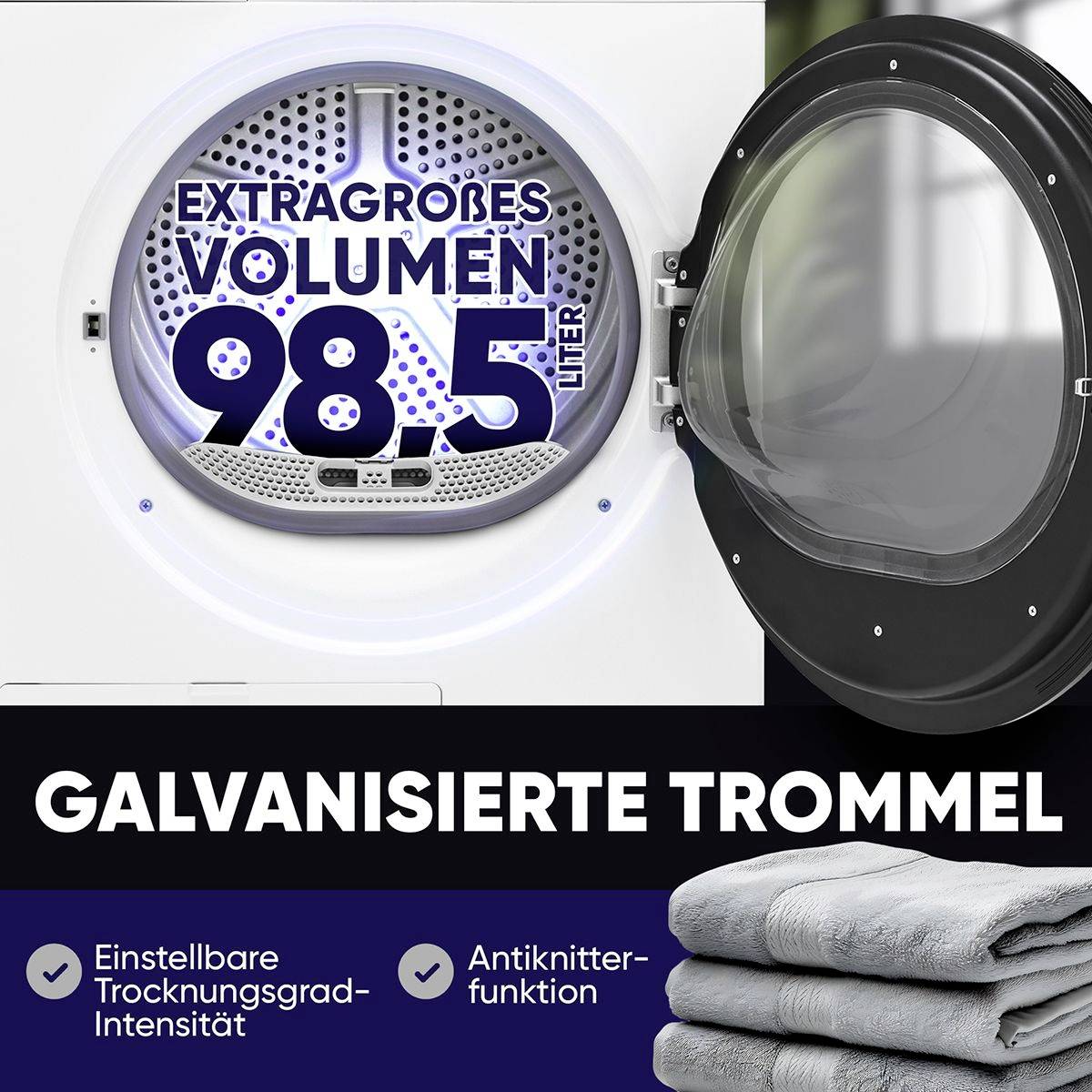 Waschmaschine mit Display 'Extravagantes Volumen 98.5 Liter', ausgestattet mit verzinktem Trommel, zusätzlicher Trockenstufe, Knitterschutz-Funktion. Handtücher im Vordergrund.