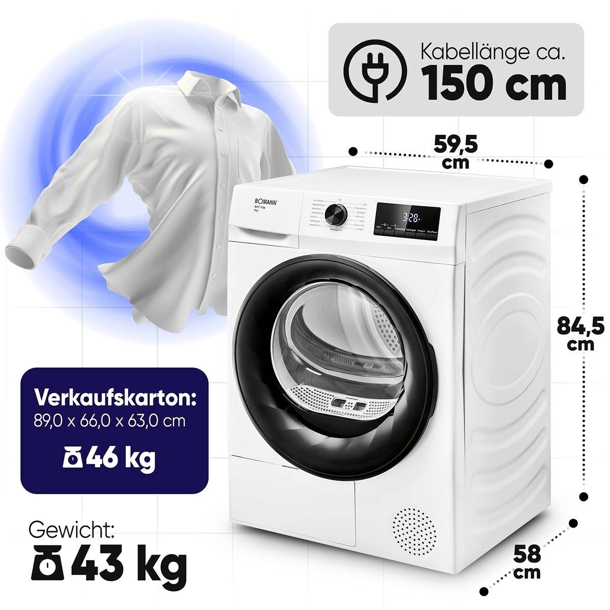 Frontlader Waschmaschine in Weiß, Abmessungen: 59,5x58x84,5 cm. Inklusive Hemd-Grafik, 150 cm Kabel und Gewichtsangabe: 43 kg.