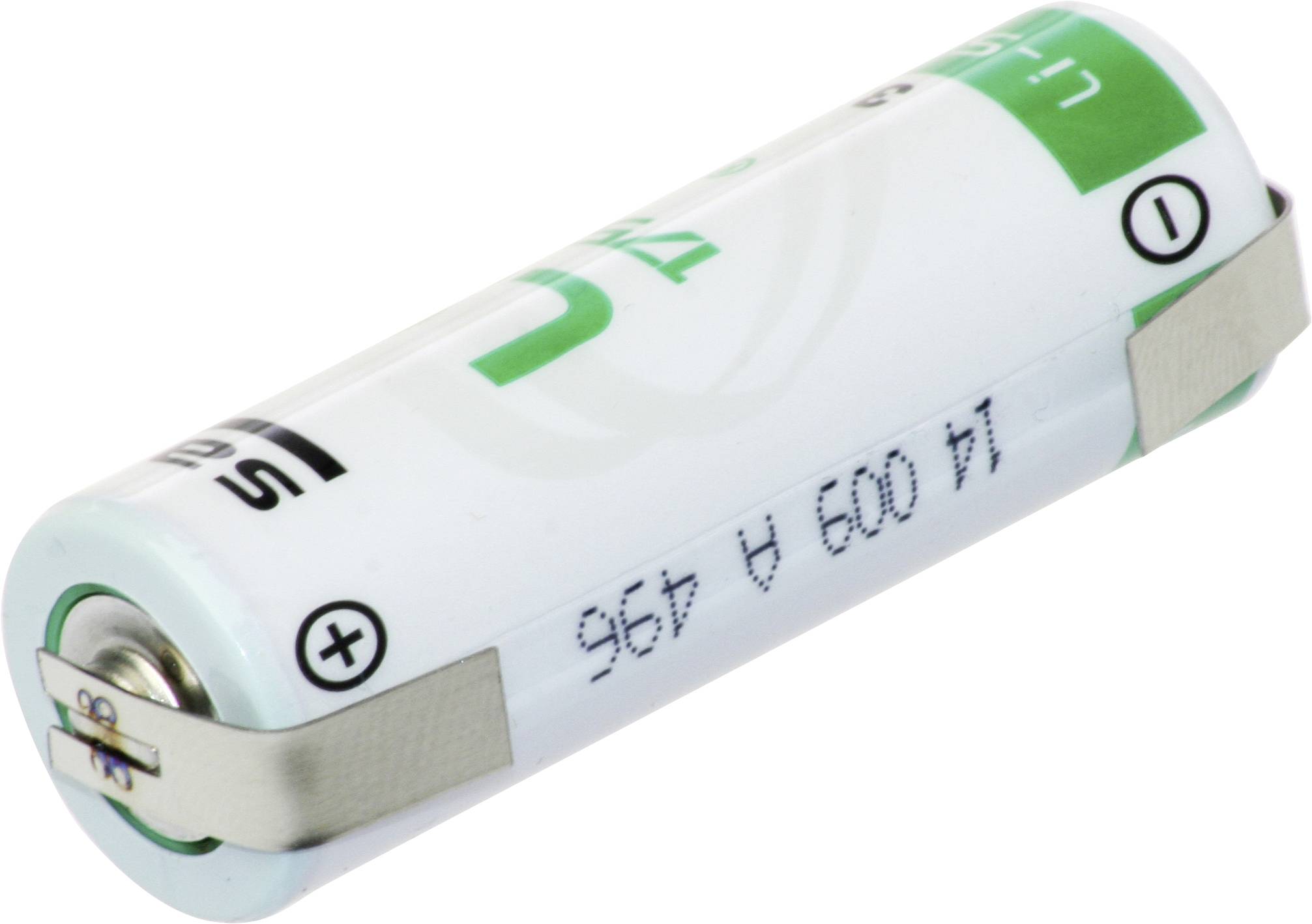 Eine Nahaufnahme einer weißen wiederaufladbaren AA-Batterie mit Metallkontakten, die den positiven und negativen Pol zeigt.