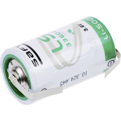 Eine zylindrische grün-weiße Batterie mit der Bezeichnung 'LS 33600', die 3,6V und 10,23Ah anzeigt, mit Metalllaschen zum Anschluss an einen Stromkreis.
