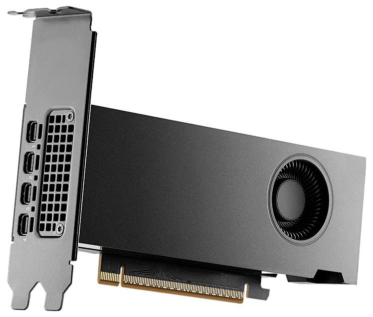 Eine schwarze Grafikkarte mit Dual-Slot-Design, Kühlventilator, drei DisplayPort-Ausgängen und einem HDMI-Anschluss wird gezeigt.